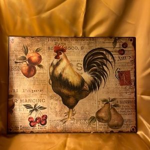 Metal rooster hanging sign-it has sayings, fruit & stamps. Rustic vintage look